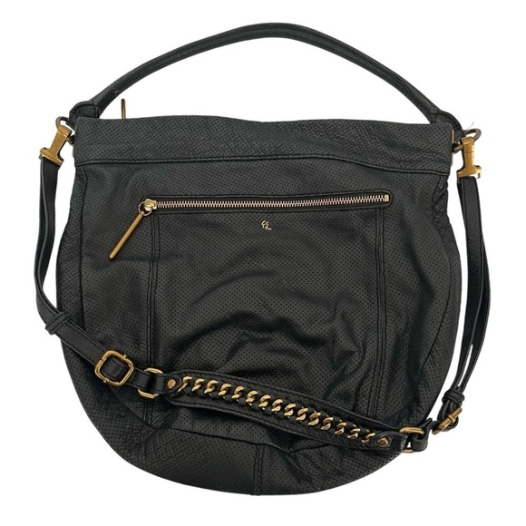 Elliott Lucca Black Leather Perforated Bucket Shoulder Bag Double Strap Zip Top - Picture 1 of 11